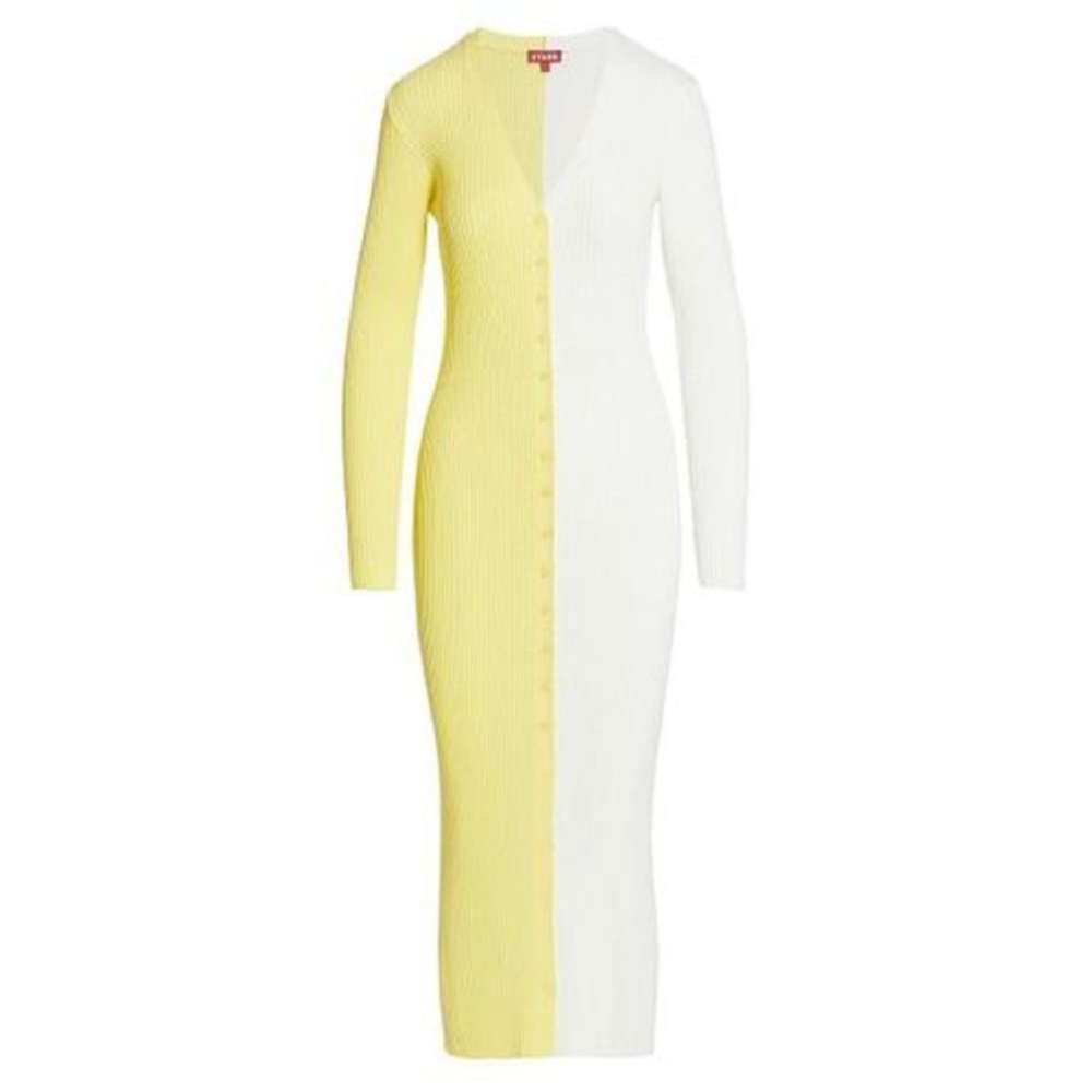 STAUD Shoko Colorblock Ribbed Long Sleeve Midi Dress